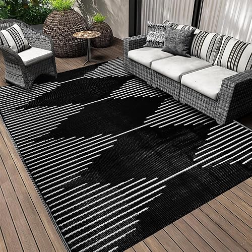 Falflor Large Outdoor Rug 240x300cm for Garden Waterproof Reversible Patio Rug Foldable Plastic Picnic Blanket UV Resistant Floor Mat for Beach Camping RV Deck(Black)