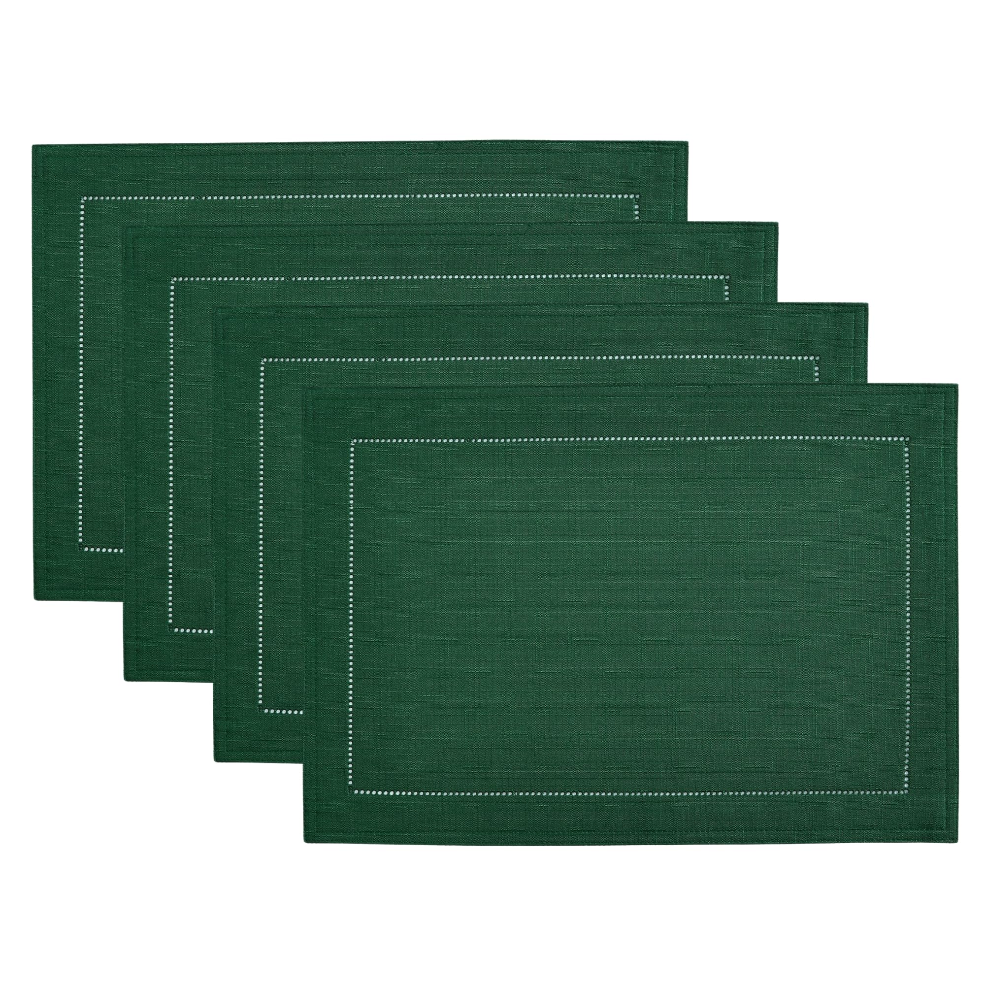 Elrene Home Fashions Alison Hemstitch Border Cloth Fabric Placemat, Set of 4, 13"x19", Forest