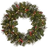 National Tree Company 24 in Pre-Lit Crestwood Spruce Artificial Christmas Wreath, Christmas Decoration with Glitter, Pinecones, Red Berries, 50 Clear Lights, 160 Tips, Green