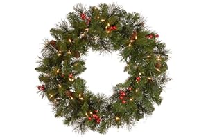 National Tree Company 24 in Pre-Lit Crestwood Spruce Artificial Christmas Wreath, Christmas Decoration with Glitter, Pinecones, Red Berries, 50 Clear Lights, 160 Tips, Green
