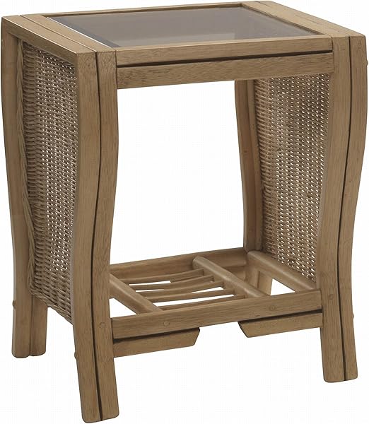 Desser Opera Lamp Table With Storage Shelf Glass Top Side Table With Wicker Rattan Cane Pole Frame Light Oak Finish Indoor Conservatory Or Living Room Furniture H58cm X W47cm X