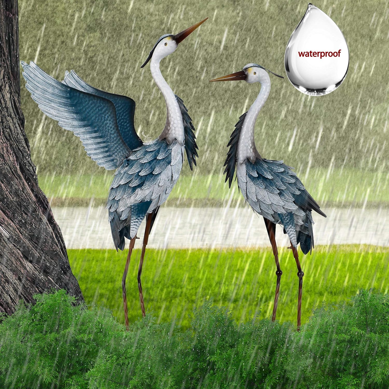 TERESA'S COLLECTIONS 40.7 inch Metal Blue Herons Garden Statues Sculptures, Standing Cranes Decor Bird Art Lawn Ornaments for Outdoor Yard Patio Porch Outside Decorations - Set of 2: Kitchen & Dining