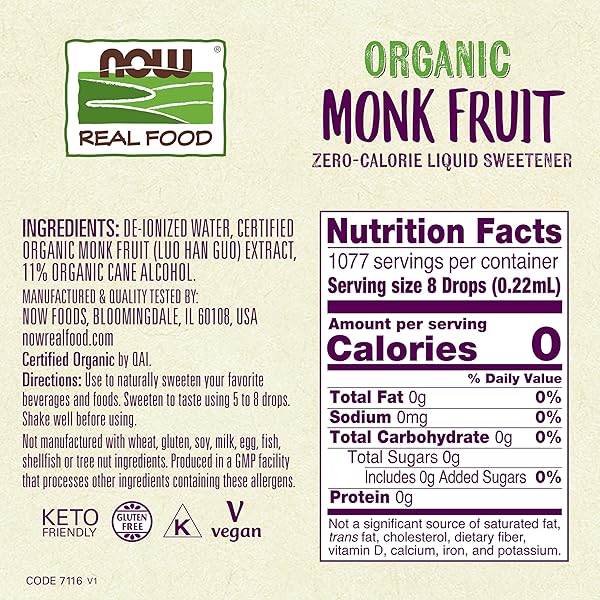 NOW FOODS, CERTIFIED ORGANIC MONK FRUIT LIQUID, ZERO-CALORIE LIQUID SWEETENER, NON-GMO, LOW GLYCEMIC IMPACT, 8-OUNCE