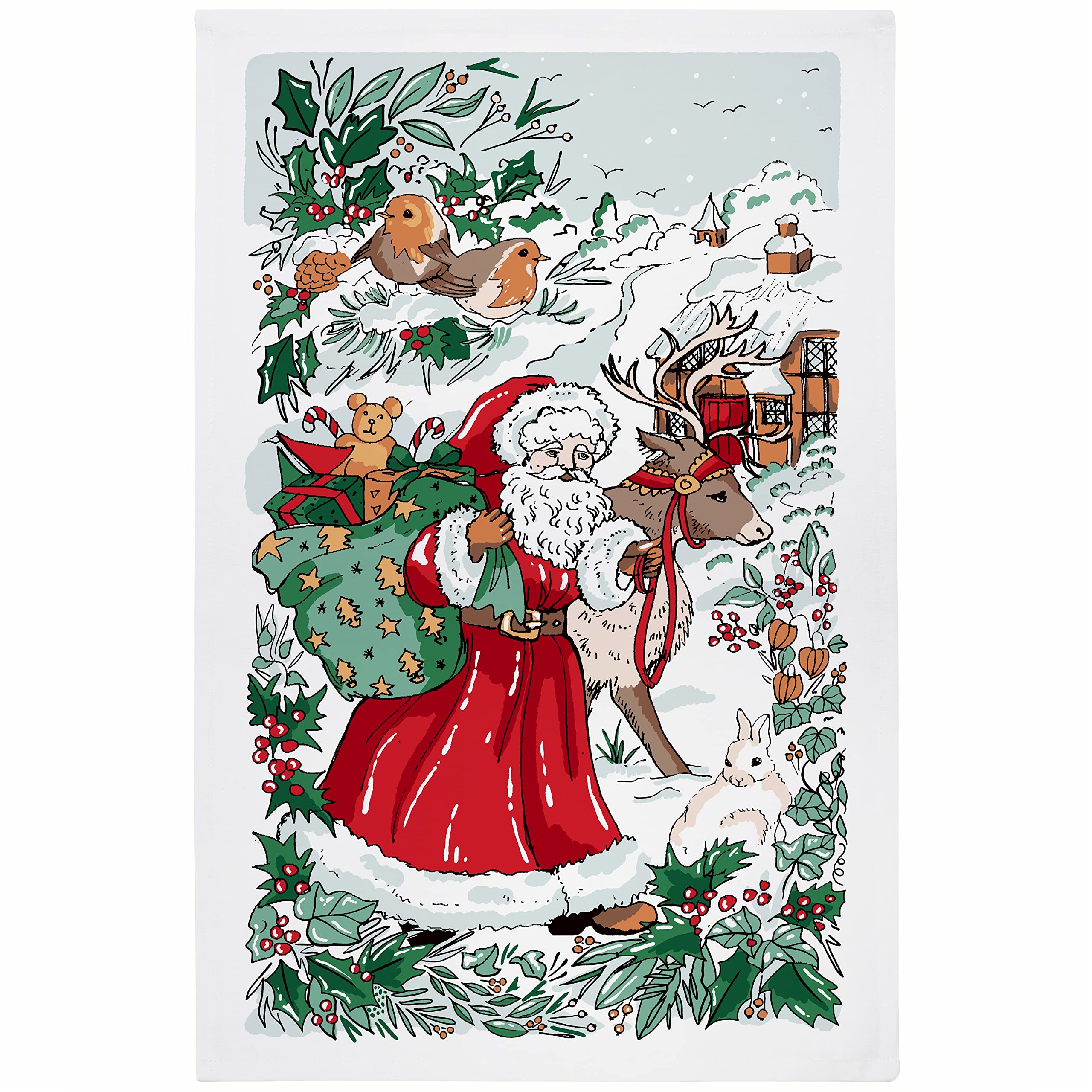 Ulster Weavers Christmas Recycled Cotton Blend Tea Towel Made in Northern Ireland, UK - Multicoloured - Santa Scene