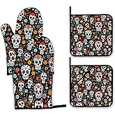 Day of The Dead Skull Mexican Oven Mitts and Pot Holders Set,Flower Kitchen Decor Heat Resistant Non Slip Hot Pads and Oven Mitt for Chef Cooking Baking BBQ Mom Girl Gifts(4 Piece Set)