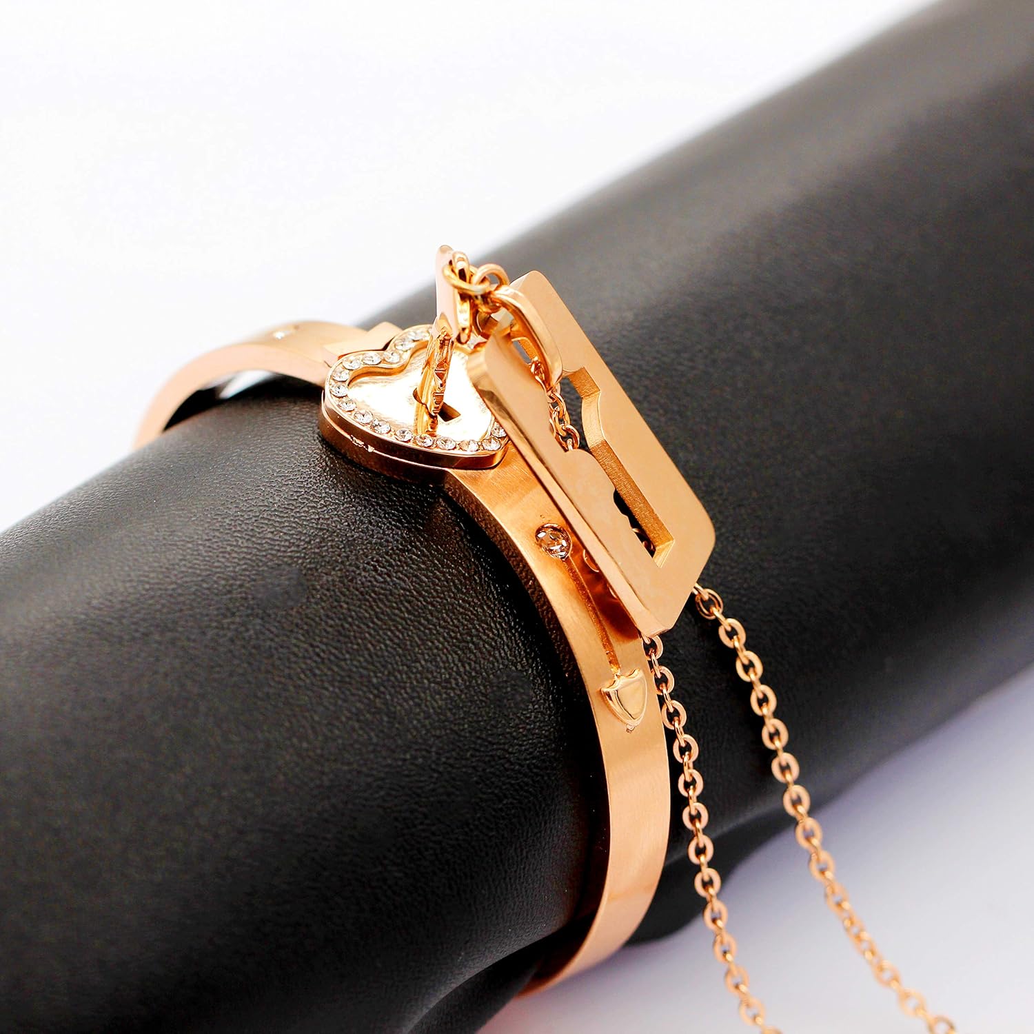 Uloveido Heart Lock Bracelet and Shield Key Necklace for Girls Boys Matching Jewelry Set for Couples Men and Women Y473/Y474 (Rosegold-2) - Image 4