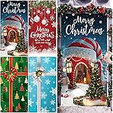 Tranqun 4 Pcs Christmas Door Cover Decorations 71 x 35 mas Front Door Backdrop Banner Merry Christmas Hanging Cover Xmas Snowflake Gift Box Bow Knot Photography for Indoor Outdoor Party(House)