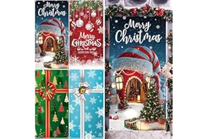 Tranqun 4 Pcs Christmas Door Cover Decorations 71 x 35 mas Front Door Backdrop Banner Merry Christmas Door Hanging Cover Xmas Snowflake Gift Box Bow Knot Photography for Indoor Outdoor Party (House)