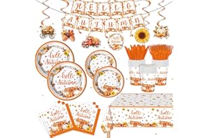 REJOICE BUNNY 123PCS Autumn Party Supplies for Thanksgiving Themed Fall Pumpkin Decoration Tableware Set with Tablecloth and Banner Leaves Harvest Dessert Plates Napkins Cups Set for 20 Guests