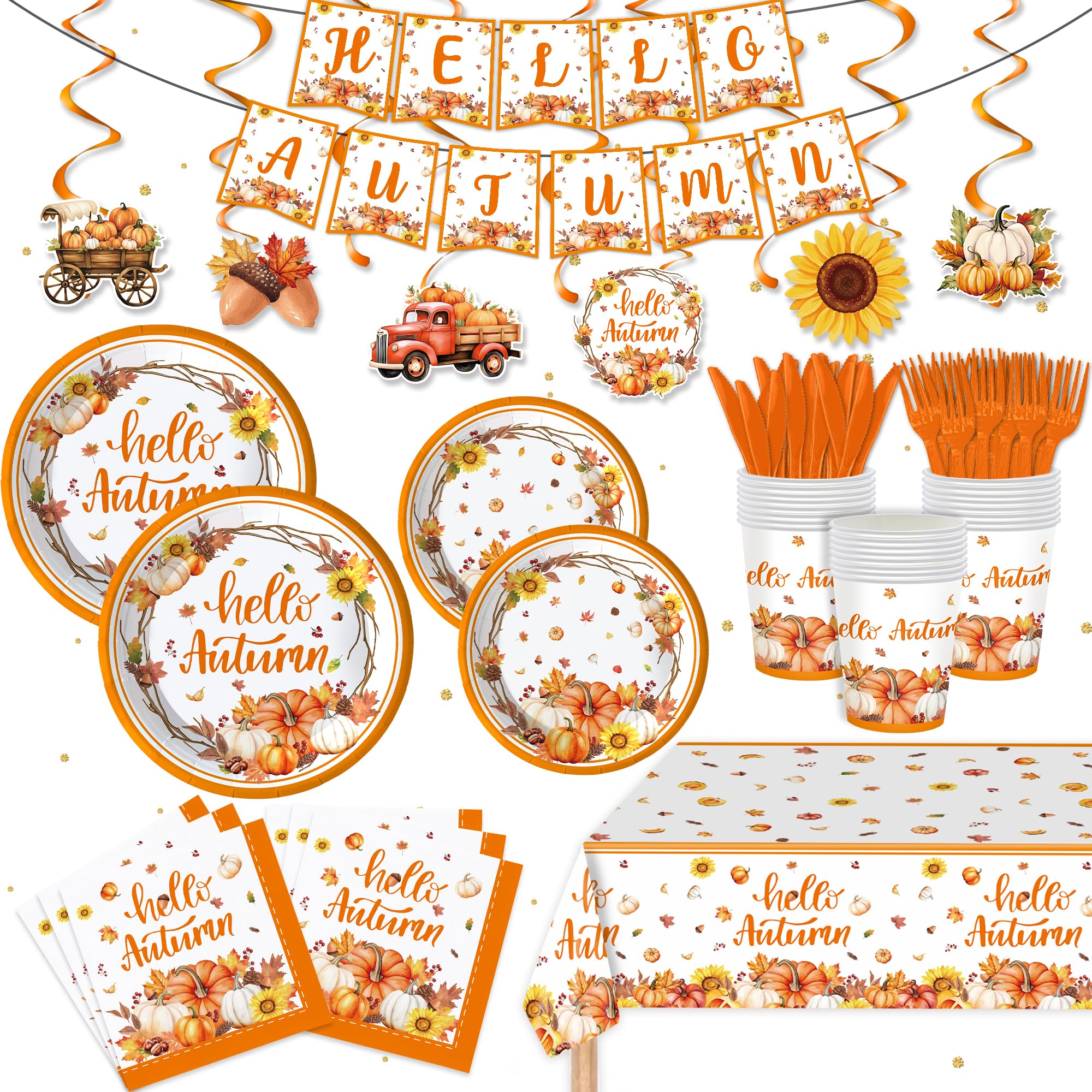 Photo 1 of 123PCS Autumn Party Supplies for Thanksgiving Themed Fall Pumpkin Decoration Tableware Set with Tablecloth and Banner Leaves Harvest Dessert Plates Napkins Cups Set for 20 Guests