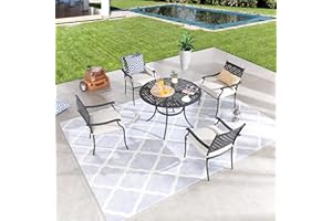 LOKATSE HOME 5-Piece Outdoor Patio Metal Dining Set with Iron Armrest Cushioned Chairs and Steel Round Table with Umbrella Hole, Beige