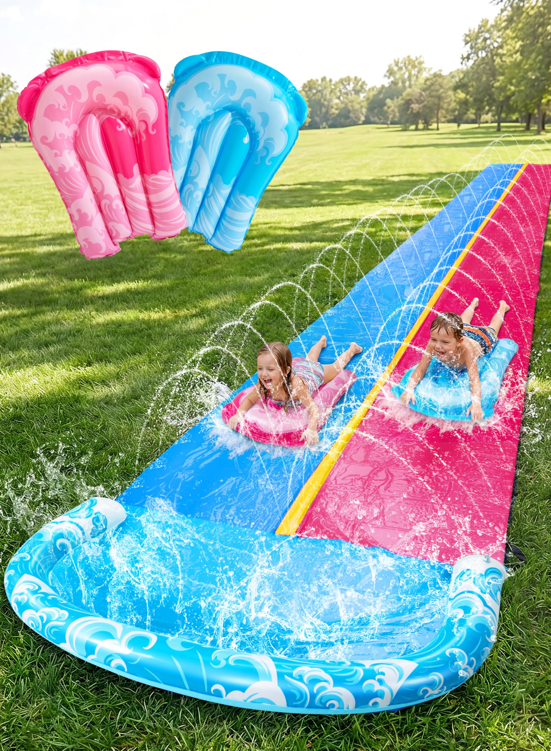 JOYIN 32.5ft/990.6cm Water Slide and 2 Inflatable Boards, Extra Long Slip n Slide Heavy Duty Double Lawn Waterslide with Sprinkler for Kids Adults Backyard Summer Water Toy Outdoor Fun,Blue, Pink