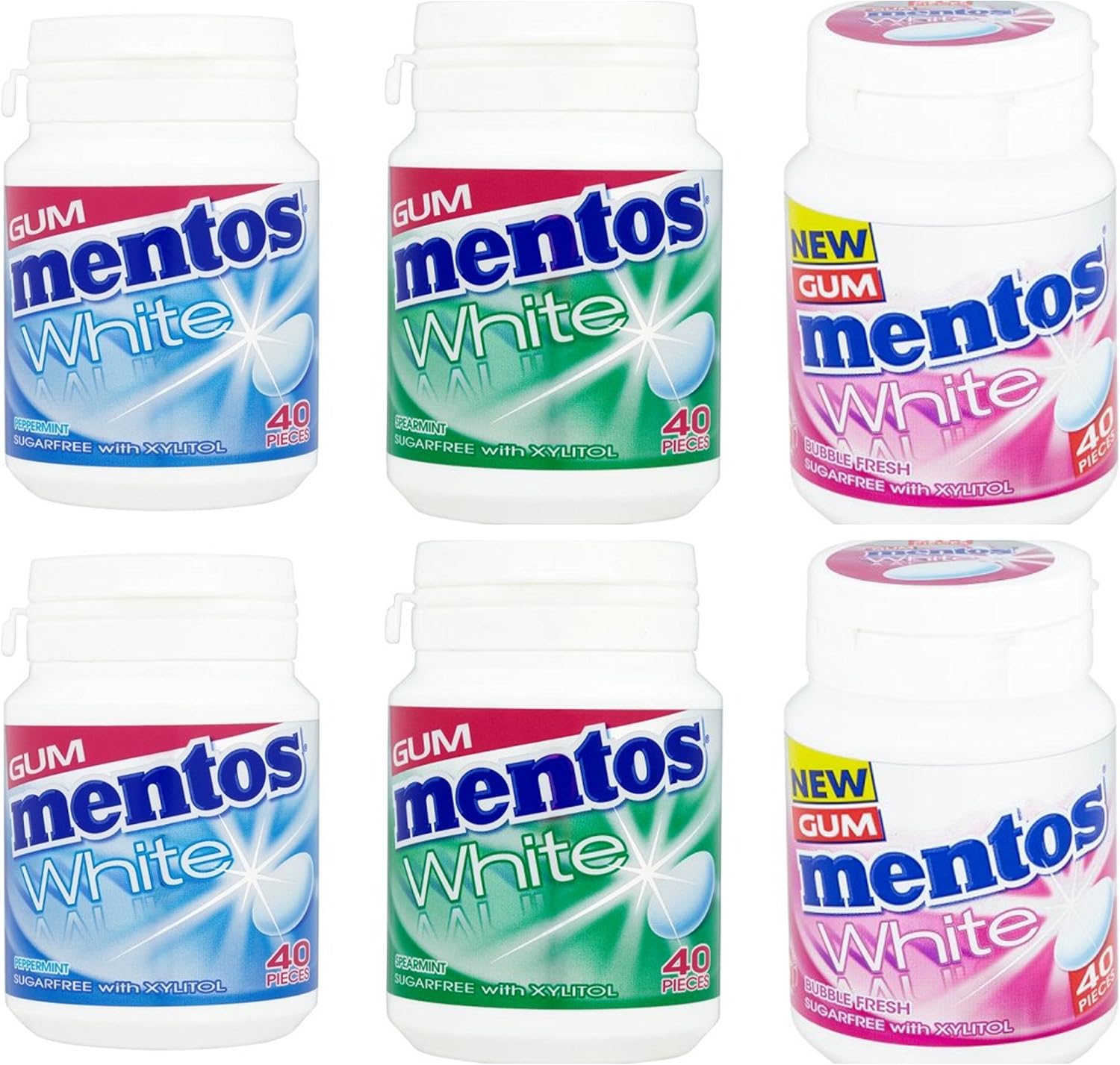 Mentos Sugar Free Chewing Gum 6 Pot Set Bundle 2 x NEW Strawberry, 2 x Spearmint, 2 x Peppermint