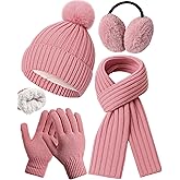 Silicherry 4 Pcs Winter Beanie Hat Scarf Gloves Set Knit Fleece Lined Gloves Ear Muff Knit Hat Long Scarf for Men and Women