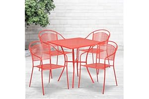Flash Furniture Oia Commercial Grade 28" Square Coral Indoor-Outdoor Steel Patio Table Set with 4 Round Back Chairs