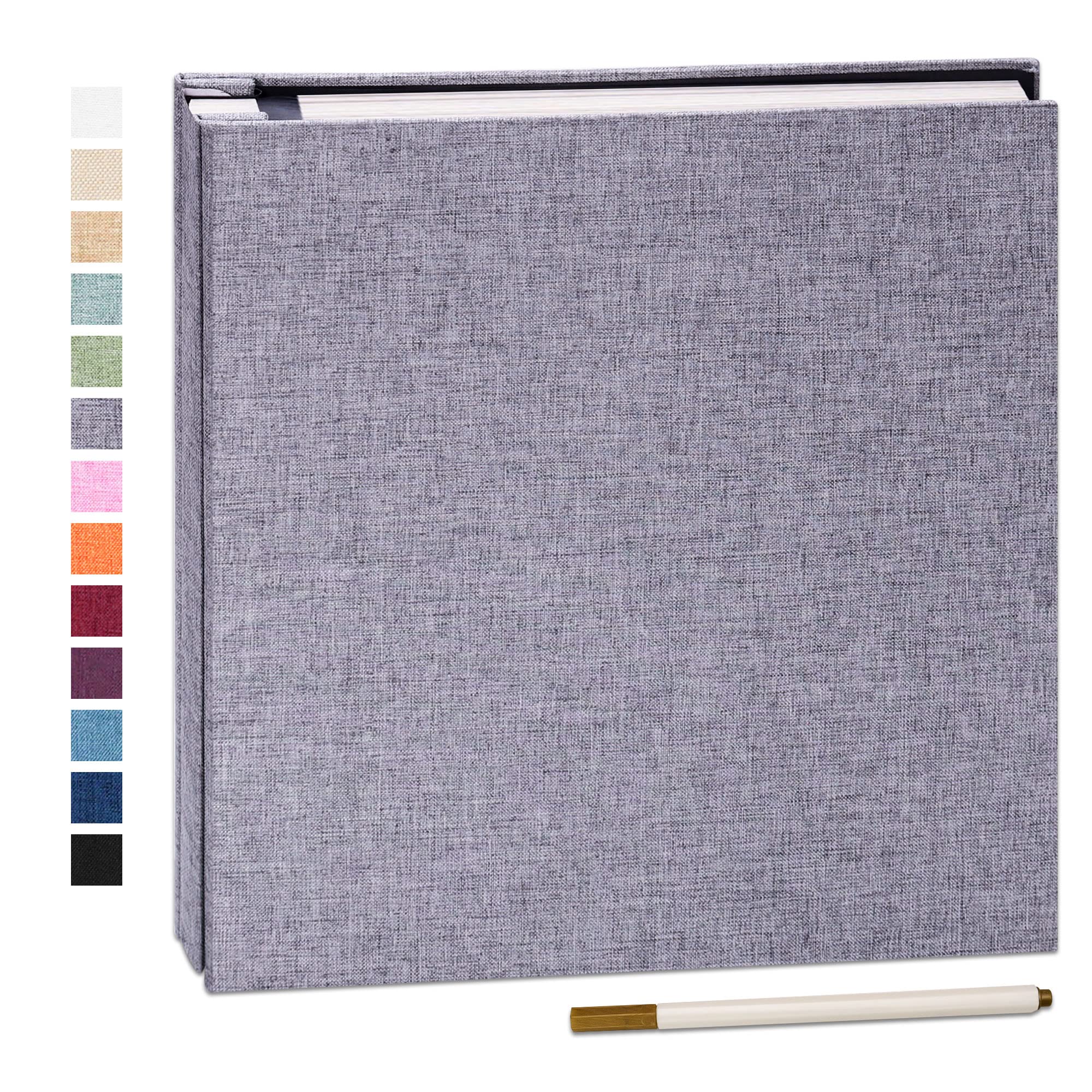 Yopih Adhesive Photo Album 28x27cm with 40 Pages Fits 10 x 15 cm Linen Cover Scrapbooking DIY Photo Album with A Metallic Pen Save Baby Growth Wedding Travel Grey