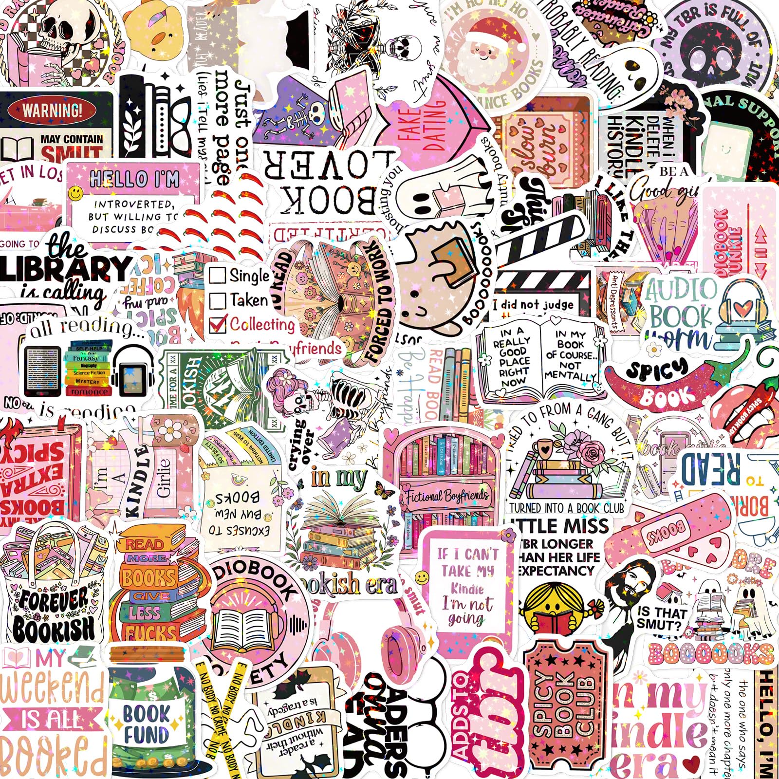 Vemfare Funny Book Stickers for Adults - 100 Pcs Book Lover Holographic Water Bottle Stickers, Reading Waterproof Scrapbook Decals, Vinyl Sticker for Laptop Phone Journaling Skateboard
