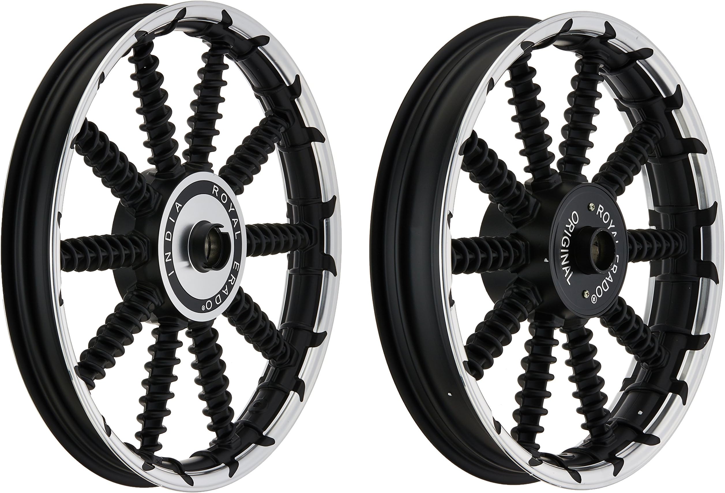 Royal Erado RGAW-71 Sprigner Spring Style Alloy Wheels for Royal Enfield Classic 19''/18'' (Set of 2, Black and Chrome)
