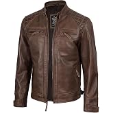 fjackets Mens Leather Jacket Moto Style Real Lambskin Leather Jacket, Quilted Cafe Racer Classic Zip Up Biker Jacket for Men