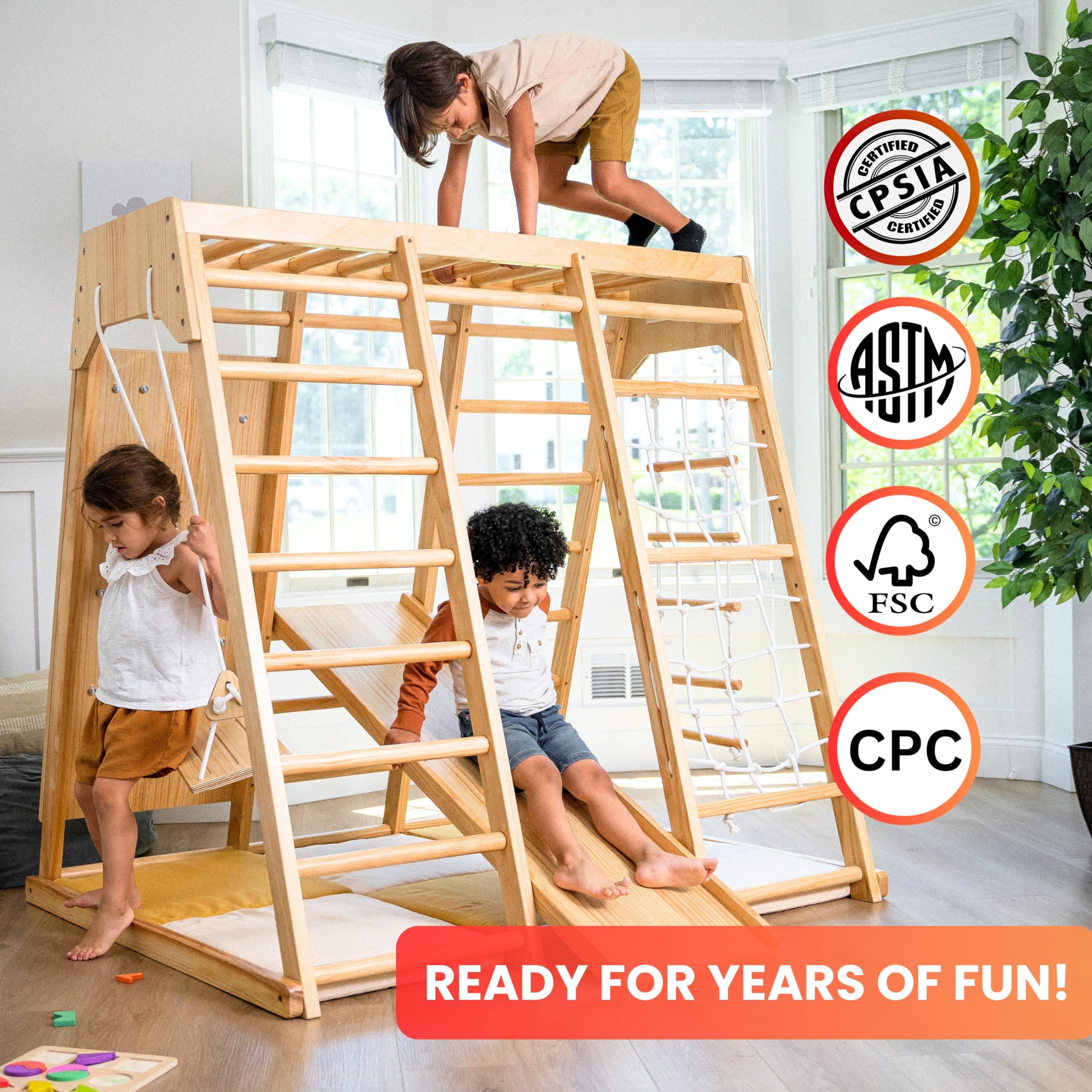 Avenlur Indoor Playground Jungle Gym – Magnolia 6-in-1 Montessori Wooden Indoor Playground for Kids & Toddlers Ages 2-6 – Waldorf Toys, Rope Ladder, Indoor Swing, Baby Slide, Rock Climbing Wall, More