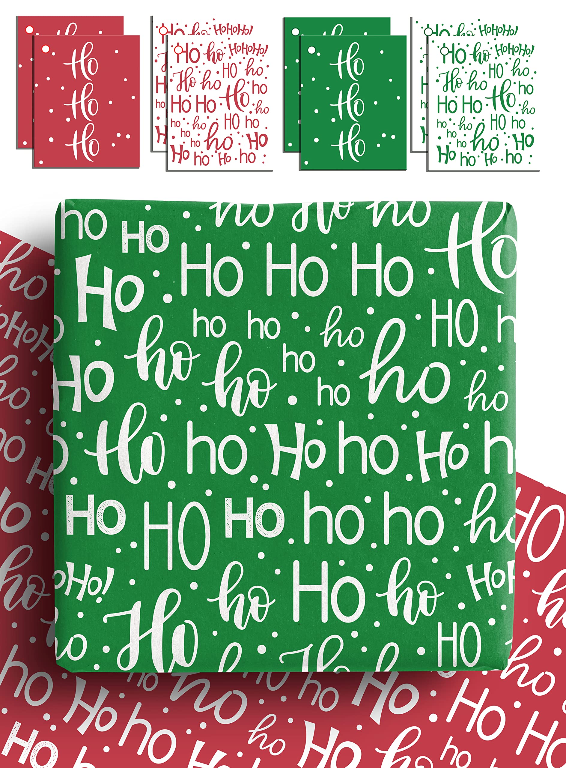 HoHoHo Christmas Wrapping Paper Set with Tags - 8 Recyclable Red and Green Xmas Gift Wrap Sheets with 8 Matching Cards