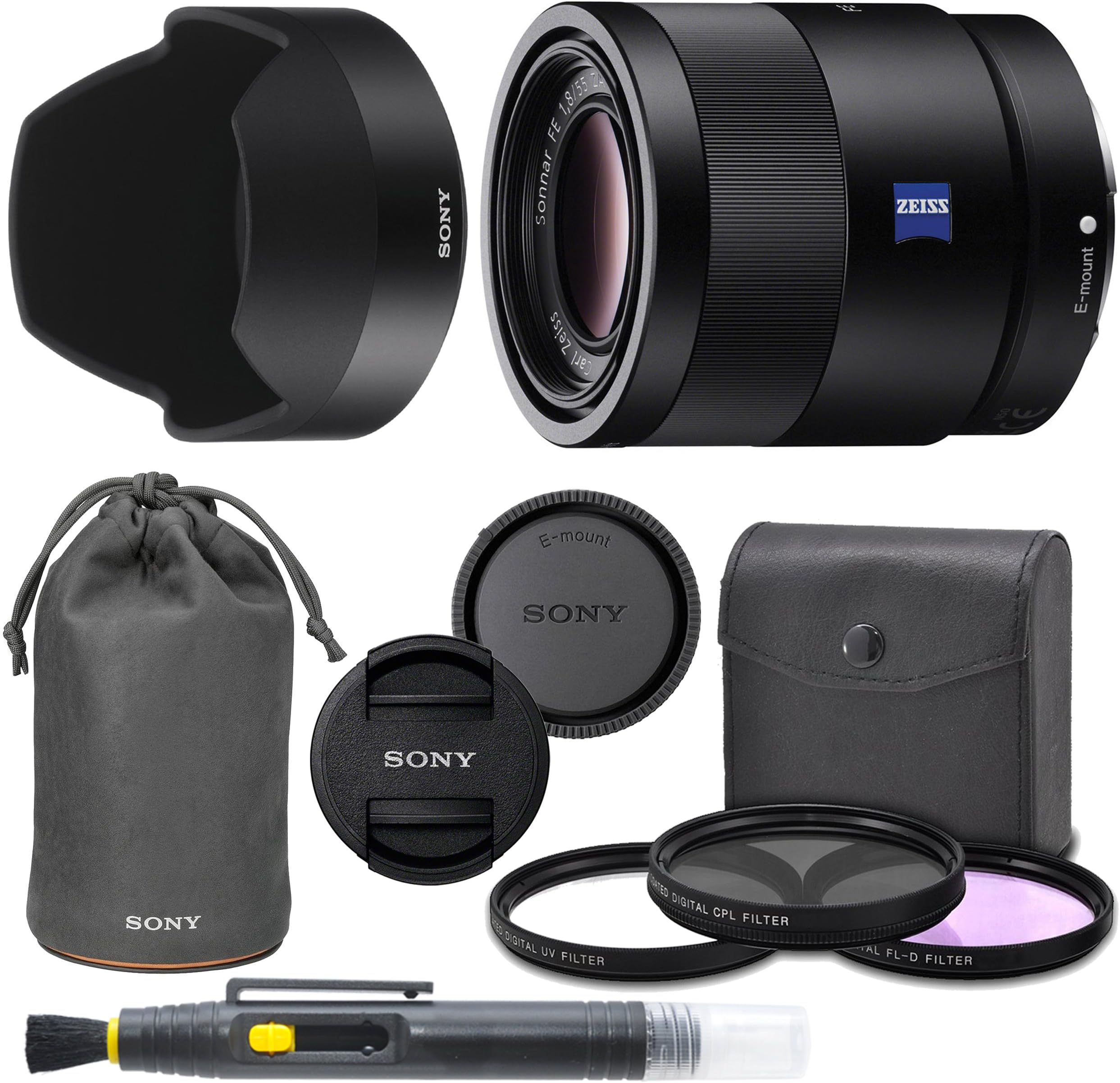 Sony Sonnar T FE 55mm f/1.8 ZA Full Frame Lens with Pro Kit. Includes: UV Filter, Circular Polarizing Filter, Fluorescent Day Filter, Sony Lens Hood, Front & Rear Caps - International Version