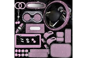 JINGSEN 25PCS Bling Car Parts Set, Car Parts Set Female Plug Universal 15 Inch, Shiny License Plate Frame, Center Console Cover and Rearview Mirror Set and Other Car Accessories(Pink)
