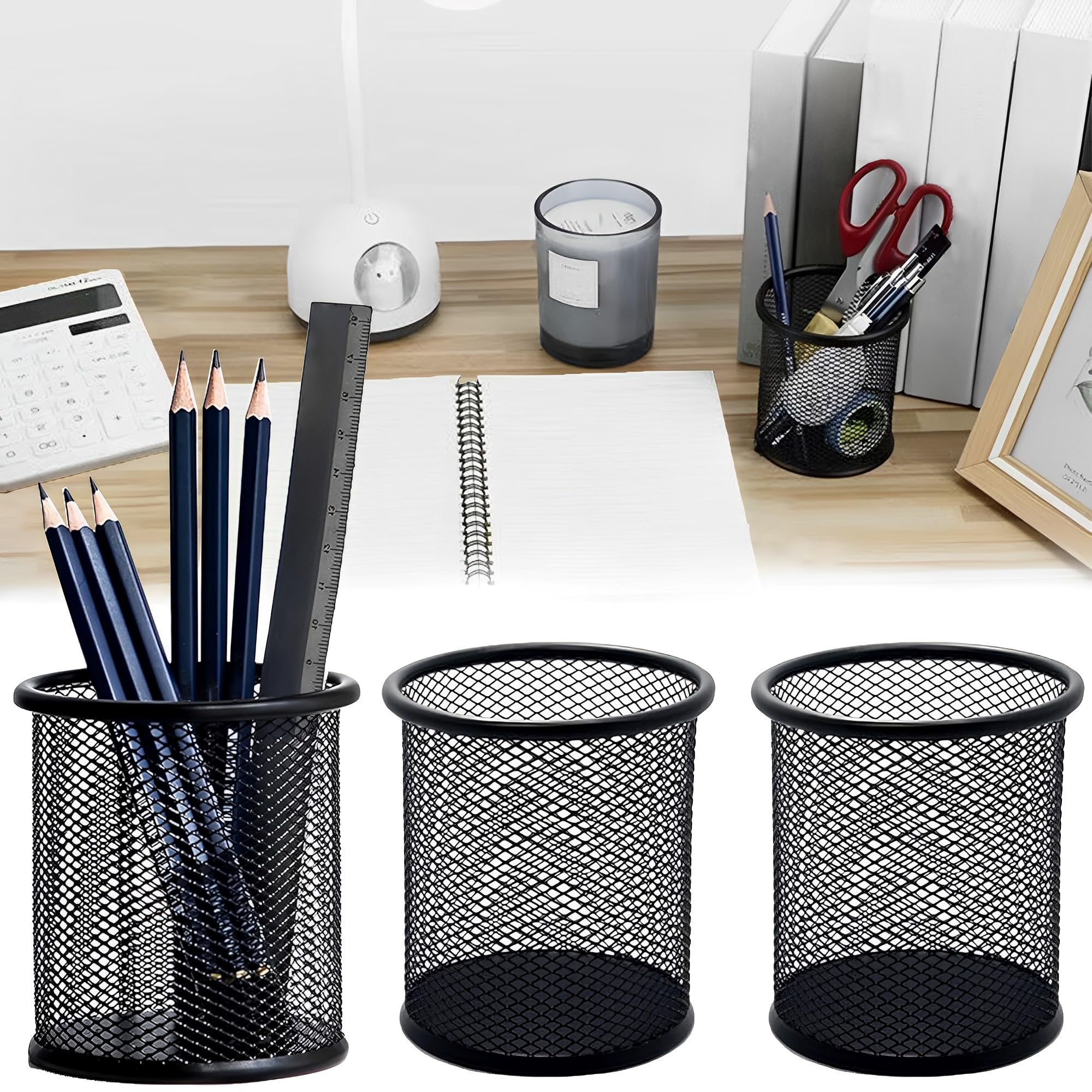 DXIA 3 Pcs Mesh Pen Pot,Wire Metal Round Mesh Design Home Office Pen Holder Case, Black Metal Pen Organizer, Pen Cup for Desk Tidy Home Office Supplies Birthday Gift,for Home Desk Office and School