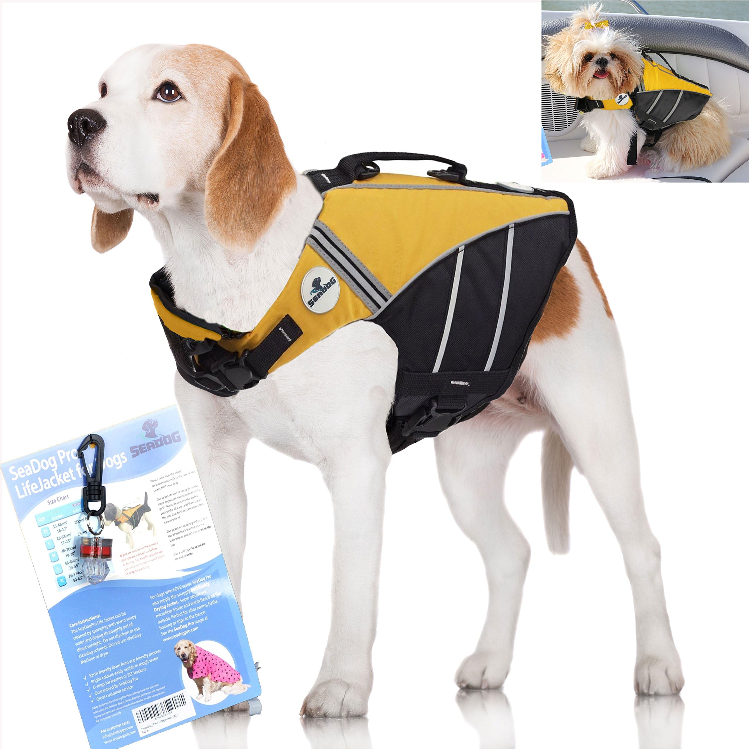 SeaDog Pro Dog Life Jacket with Clip-On Water Activated LED Safety Strobe - Quick Release Doggy Life Preserver Adjustable Pet Life Vest. Tough Hi-Vis Nylon - Reflective Trim, Strong Grab Handle -Best Dog Flotation Vest on Amazon