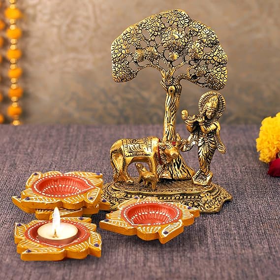TIED RIBBONS Diwali Gift Combo Pack with Krishna Metal Statue with Clay Diya Set Gift Pack - Diwali Gifts for Family and Friend