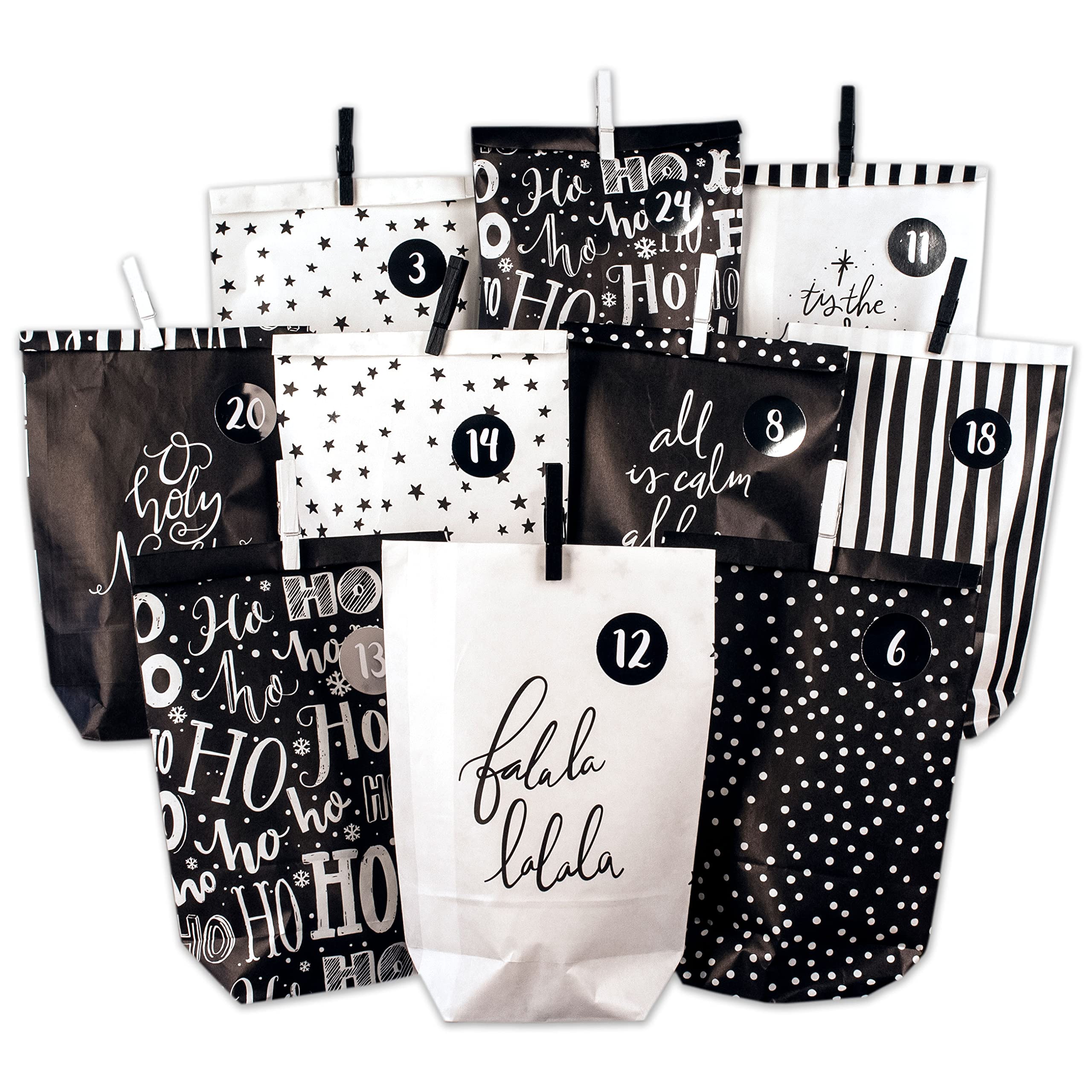 Advent Calendar 2022 to Fill – 24 Black and White Gift Bags and 24 Number Stickers and Clips – Holy Night Motif Black & White – for Crafts and Giving – Christmas, Holy Night Black & White