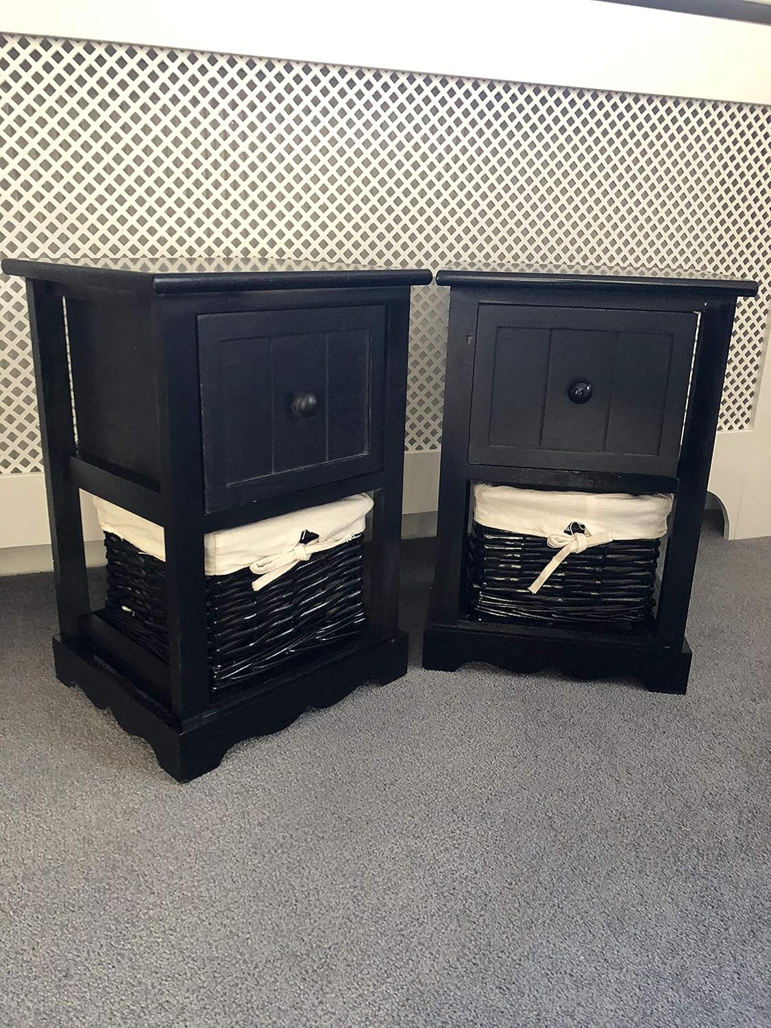 furniture with storage baskets on Wicker Storage Baskets Home Delights 2x Gloss Black Bedside Tables Bedroom Furniture Cabinet