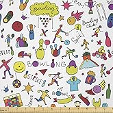 Ambesonne Bowling Fabric by The Yard, Cartoon Style Cheerful Hobby Pattern with Colorful Design Hobby Game Theme Design, Stretch Knit Fabric for Clothing Sewing and Arts Crafts, 1 Yard, White Yellow