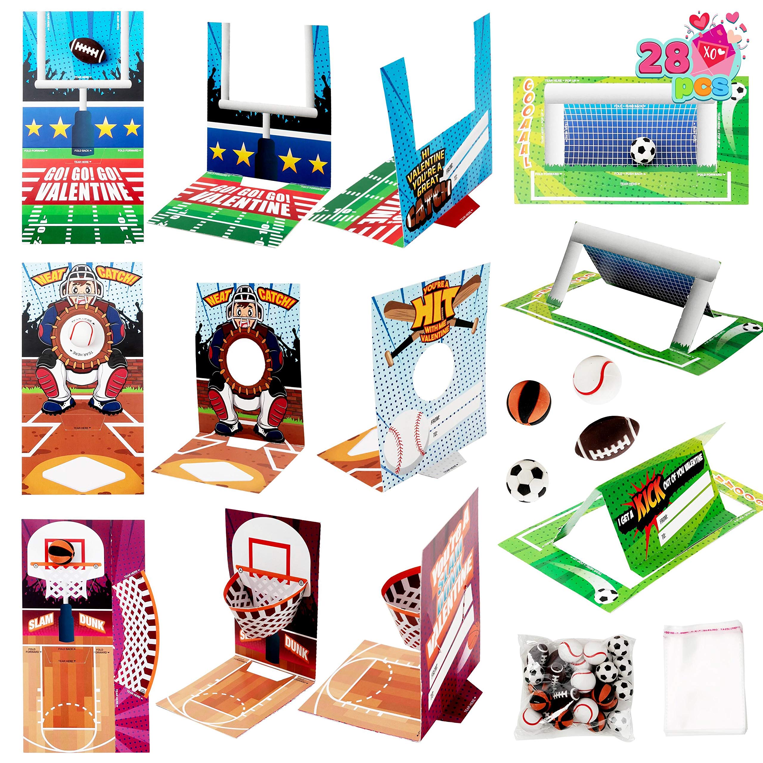 JOYIN JOYIN 28 pcs Fun Sports Game Card and Erasers for Kids Party Favor, Classroom Exchange Prizes wih Valentine’s Greeting Cards