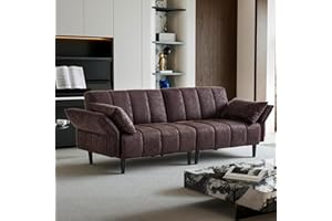 hausway 83" Office Futon Sofa Bed, Leather Office Sofa,Convertible Sleeper Sofa with Adjustable Backrest and Armrest,2 Pillows,Storage Pockets for Living Room,Space Saving,Coffee-Brown