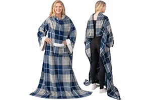 PAVILIA Fleece Blanket with Sleeves for Women Men Adults, Wearable Blanket Warm Soft Plush, Snuggle Pocket Sleeved TV Throw Wrap, Cozy White Elephant Gifts Ideas for Mom Wife, Plaid Blue