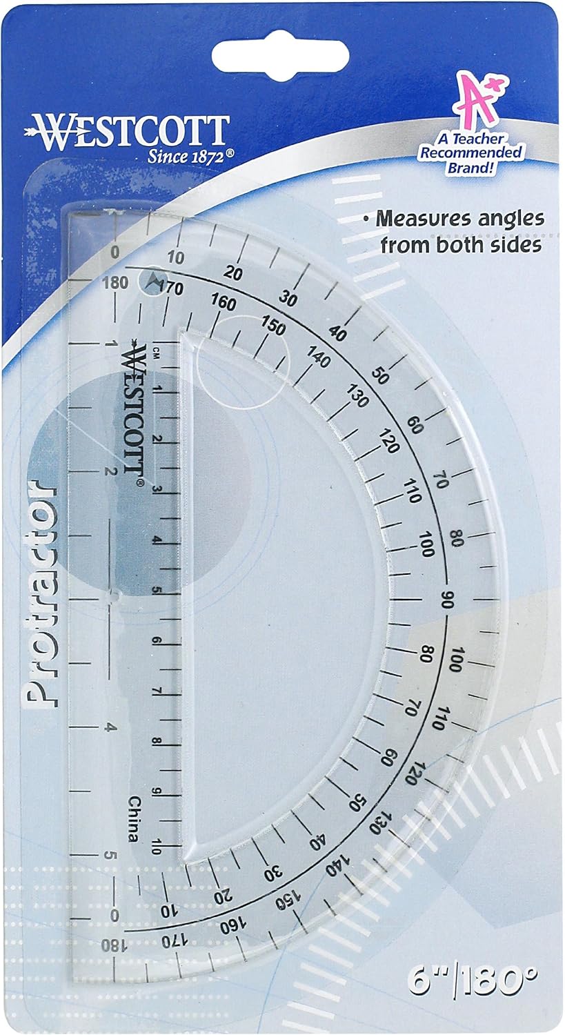 Westcott 6-Inch Plastic 180 Degree Protractor, Clear: Arts, Crafts & Sewing