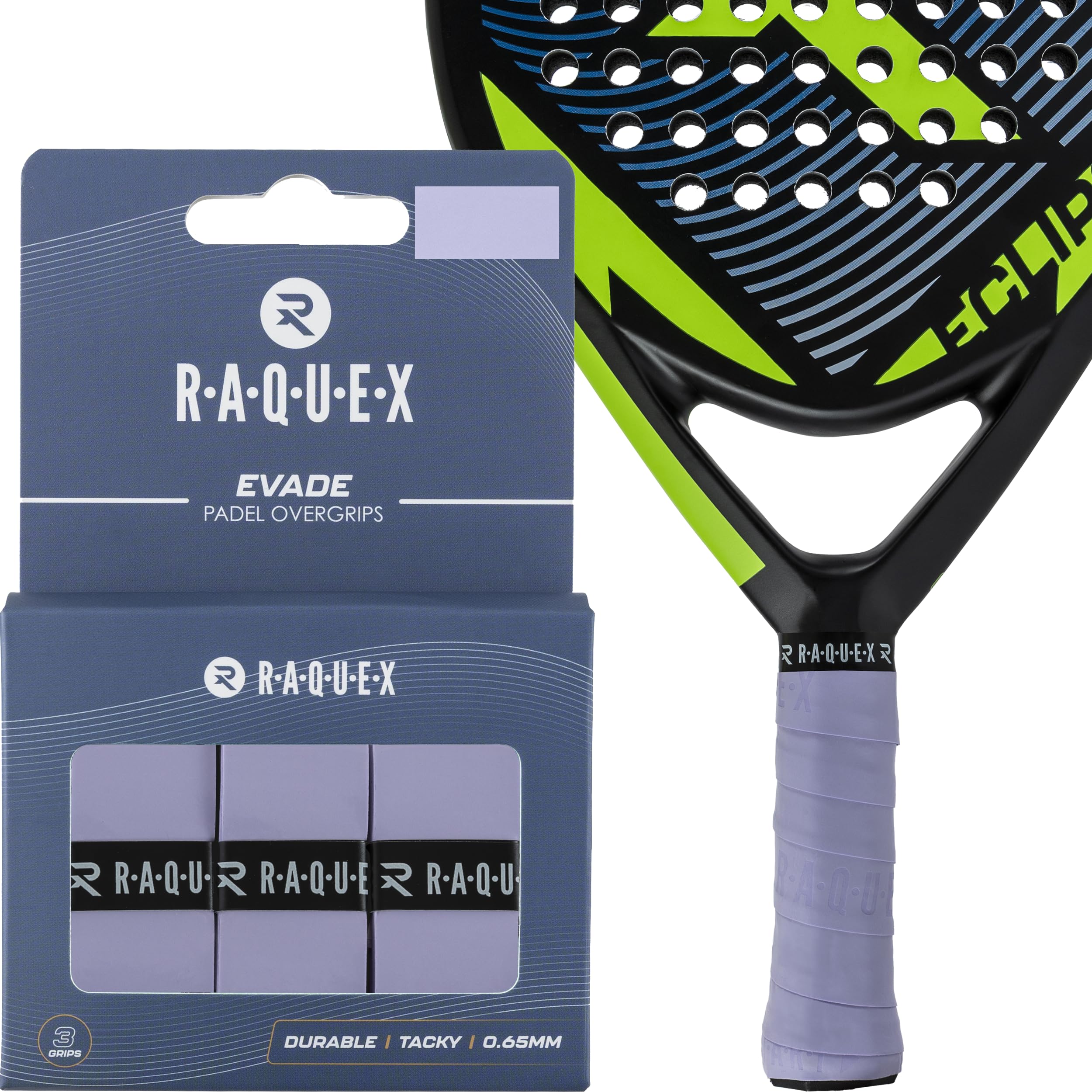 Raquex Evade Padel Racket Overgrip – 10 Colours - 3 Pack Padel Ball or Pickleball Racquet Tape, 0.65mm Thickness – Absorbent, Slightly Tacky Anti Slip Over Grip (Light Purple)
