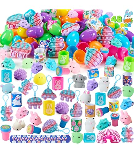 JOYIN Lot de 200 œufs de Pâques pré-remplis avec jouets fantaisie et autocollants, pour remplir