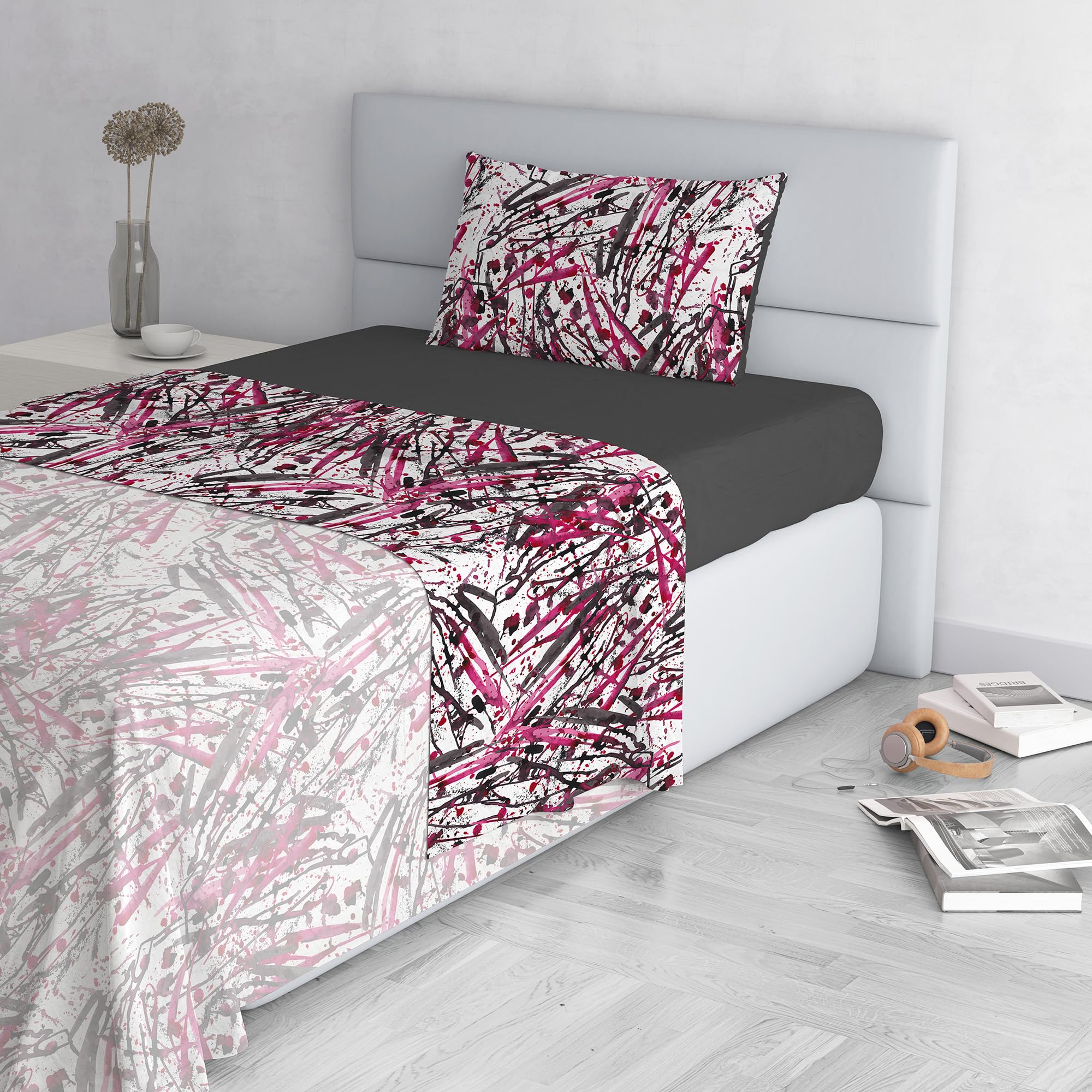 Fashion Bed Sheet Set, Made in Italy, Soft Microfibre Bed Set, Fitted Sheet, Top Sheet 150 x 270 cm and Pillowcase with Inner Flap, Single, Crazy