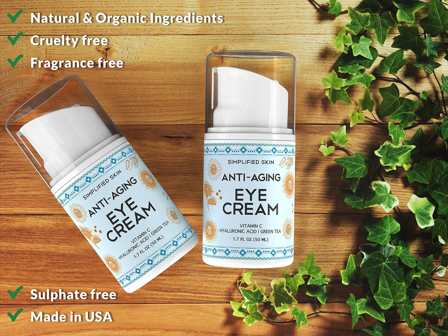 Anti-Aging Eye Cream for Dark Circles, Wrinkles, Bags & Puffiness. Best Under & Around Eyes Anti-Aging Treatment with Vitamin C, Hyaluronic Acid, Green Tea & Organic Rosehip oil by Simplified Skin 1.7 oz: Beauty