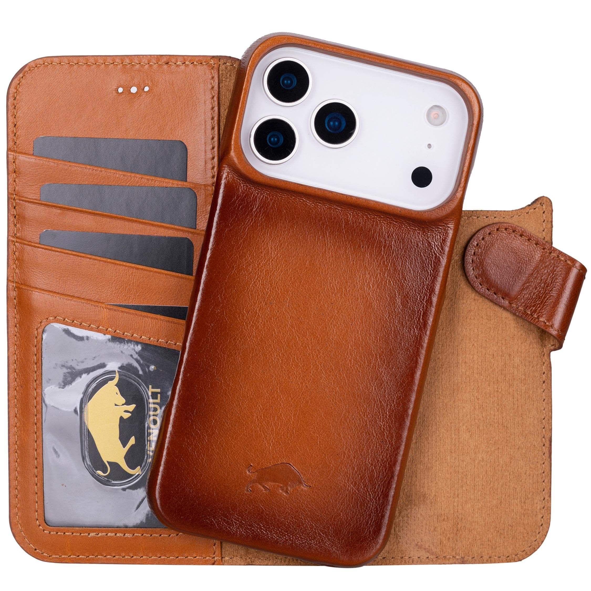 Photo 1 of VENOULT Detachable Wallet Case for iPhone for 17 Pro Max, 4 Card Holder Buesiness Style Folio Cover, Man or Women, Compatible with MagSafe, RFID, Full Grain Genuine Leather, Handmade (Chestnut Brown)