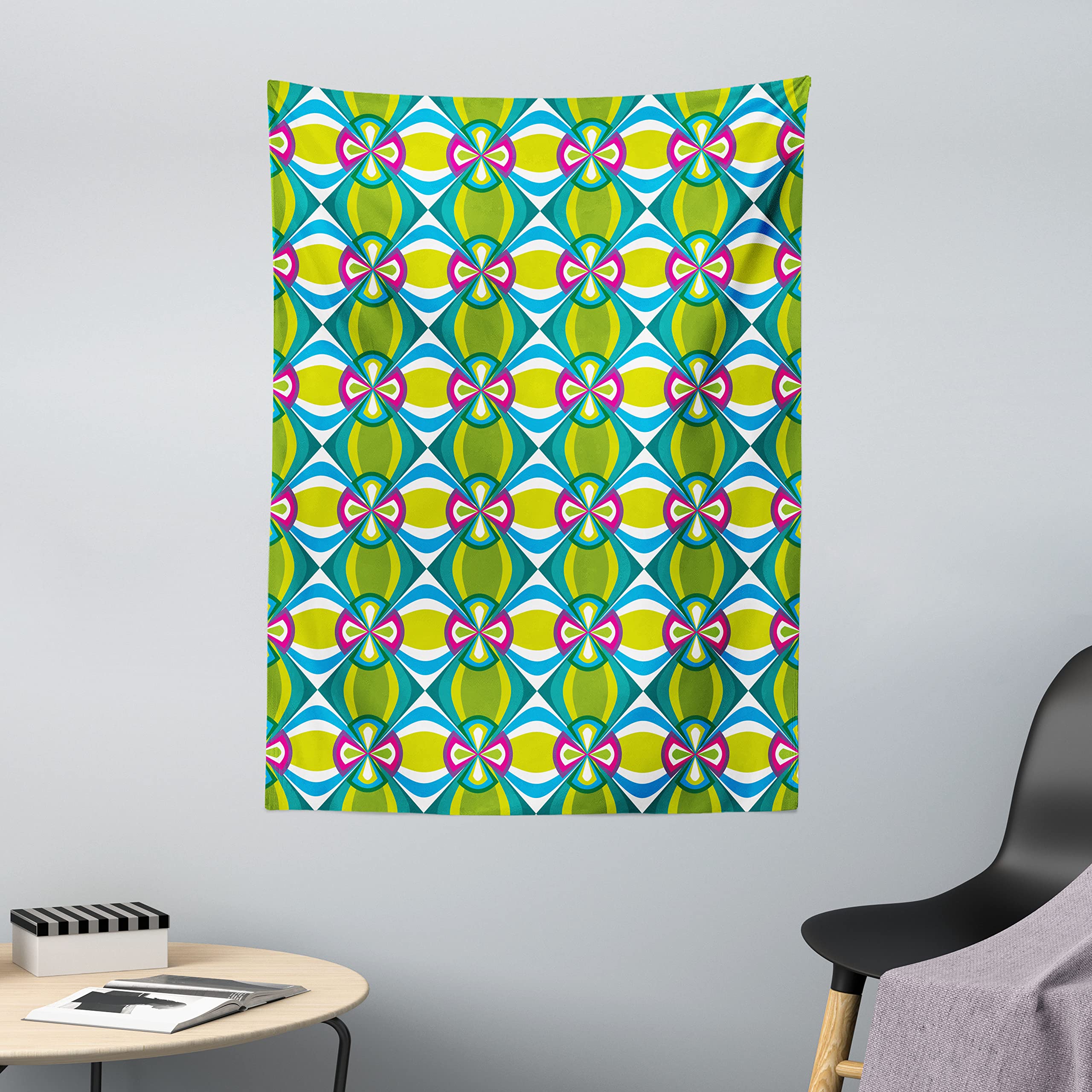 ABAKUHAUS Abstract Tapestry, Geometric Checked Pattern with Floral Motifs Elliptic Curvy Details Tile Design, Fabric Wall Hanging Decor for Bedroom Living Room Dorm, 110 x 150 cm, Green Turquoise