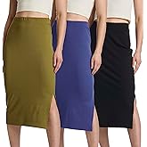 Real Essentials 3 Pack: Women's Midi Ribbed Knit Skirt with Side Slit - Stretchy Work Business Casual Pencil Pull-On Skirts