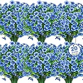 Besteek 20 Bundles Artificial Flowers for Outdoors Decoration Fake Silk Flowers UV Resistant Faux Plants Artificial Daisy Eucalyptus for Spring Summer Garden Yard Porch Window Home Decor, Blue