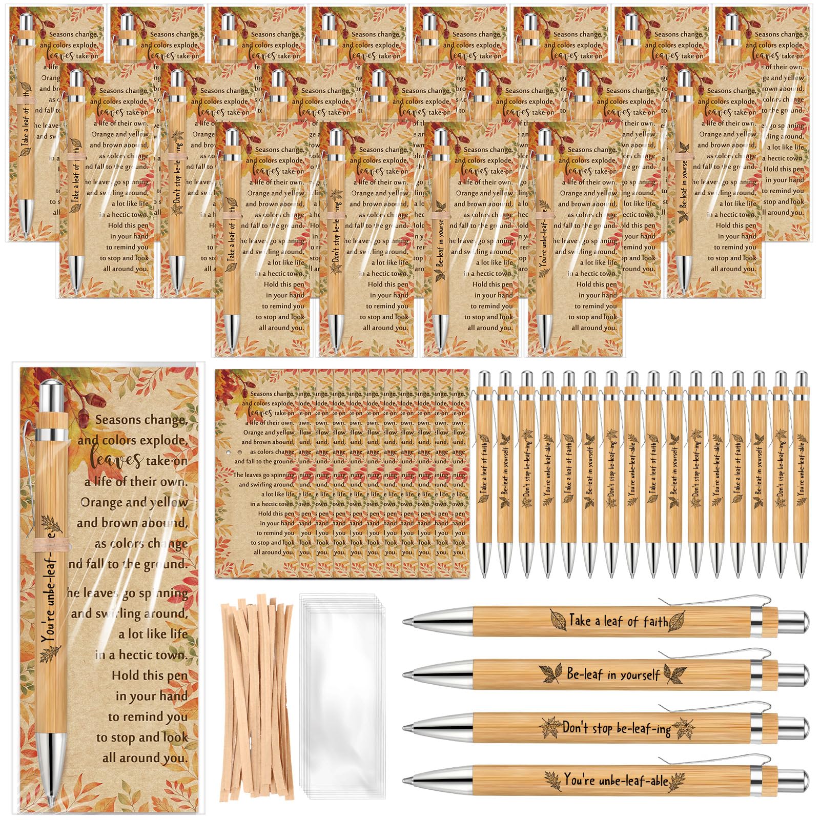 Photo 1 of Sayglossy 36 Sets Inspirational Thanksgiving Gifts Set Fall Sign Bamboo Ballpoint Pen Motivational Be-leaf in yourself Pens with Kraft Greeting Cards for Coworker Teacher Student Office Party Favor