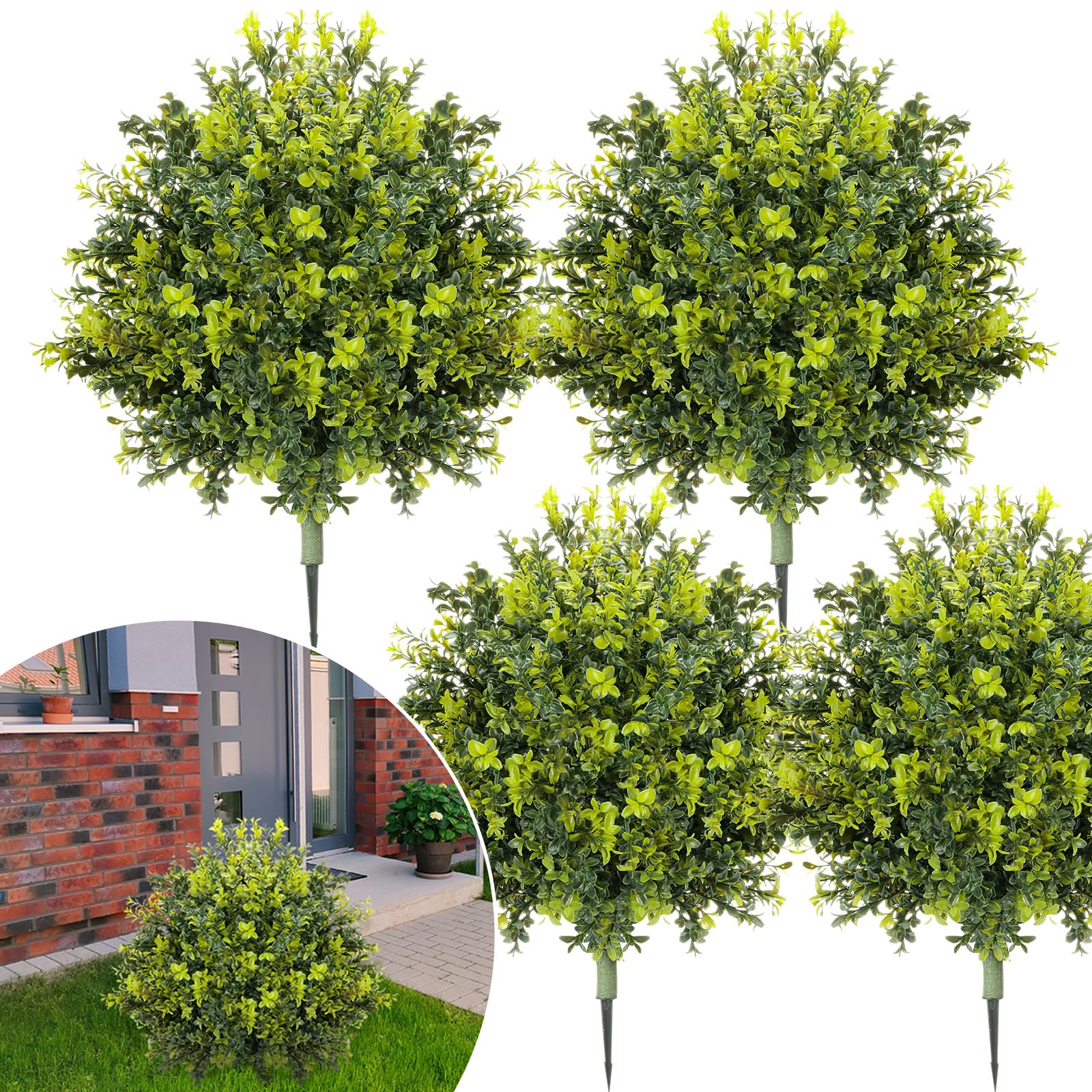 Photo 1 of CroBlissful 4 Pack Artificial Boxwood Topiary Ball 24'' Faux Boxwood Tree with Ground Spike UV Resistant Evergreen Bush Fake Outdoor Plants for Front Door Porch Garden Yard Wedding Indoor Decor