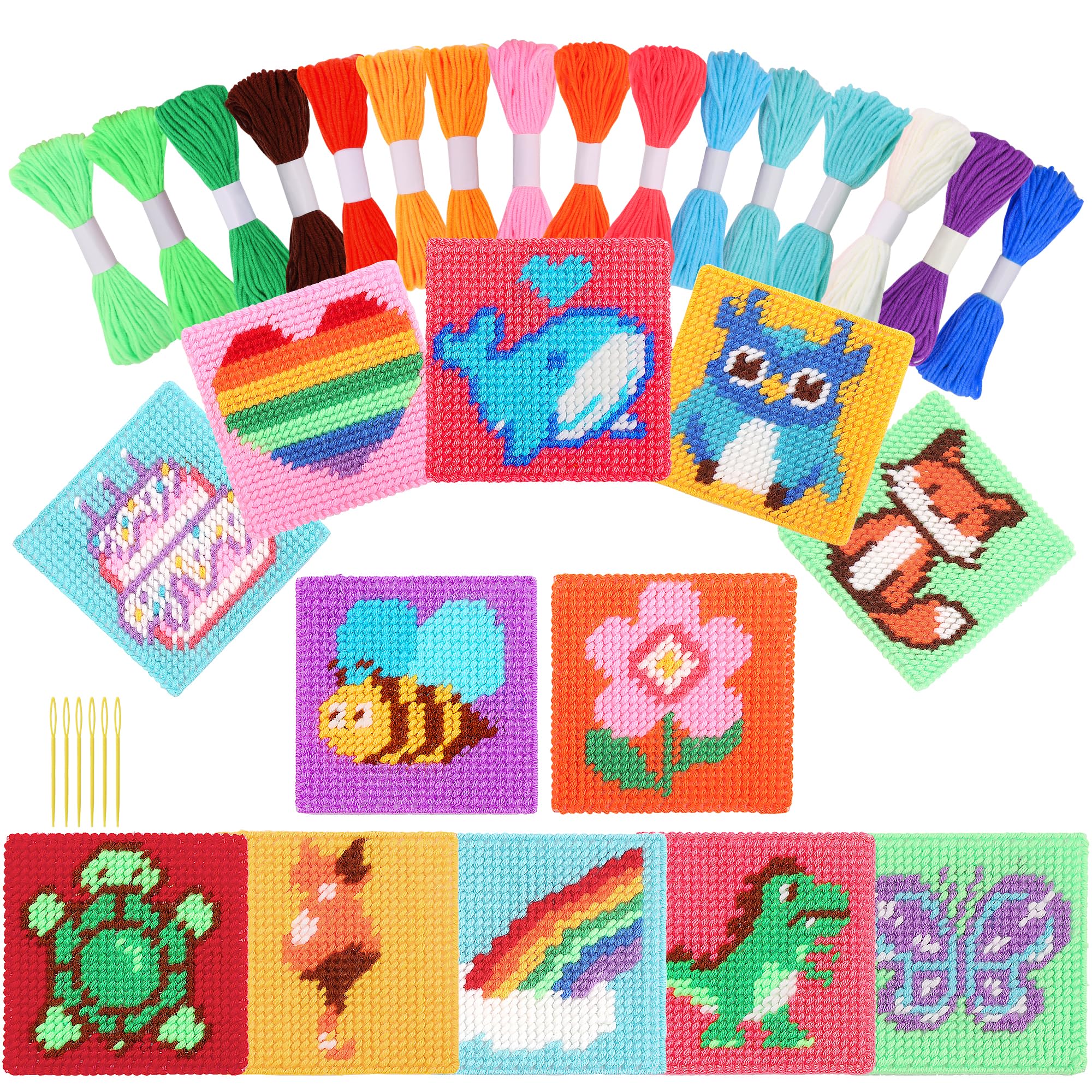 Pllieay 12-in-1 Cross Stitch Beginner Kit for Kids, Embroidery Kit Includes 12pcs Blank Plastic Mesh Canvas, 16 Yarns, 6 Embroidery Needles, Needle Points Starter Kit Sewing Set with Instructions