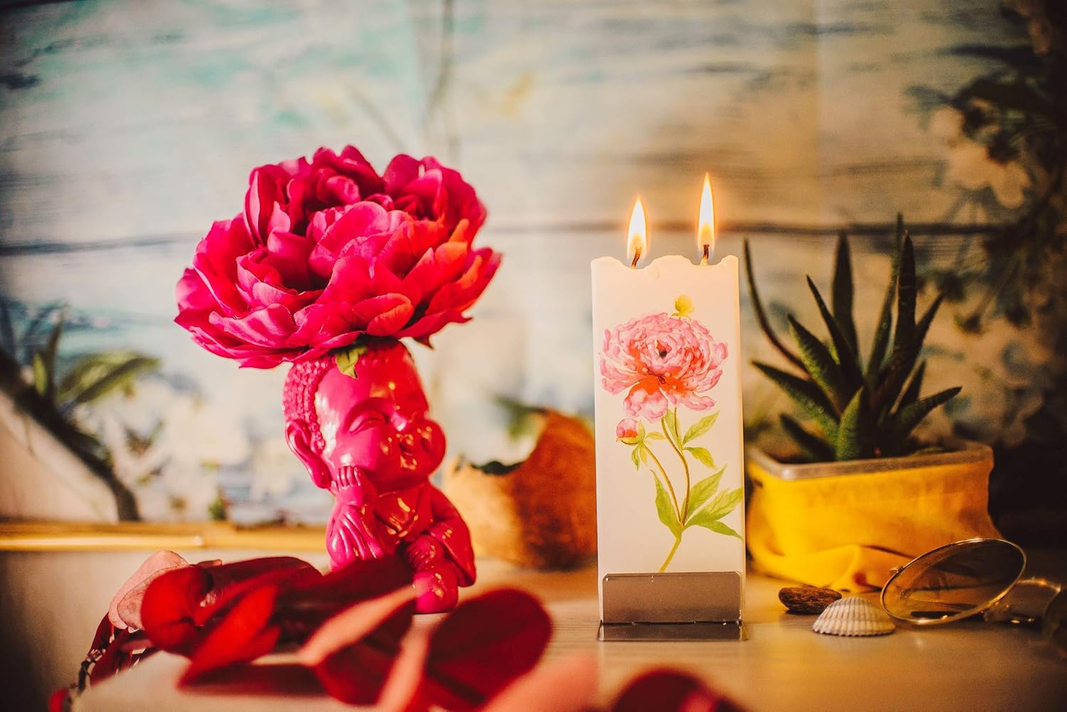 Flatyz Hand Painted Flat Candle| Unscented, Dripless, Smokeless, Decorative | Purple Lilac | Double Wick with Metal Base | Unique Gift Idea and Home Décor Accent: Home & Kitchen