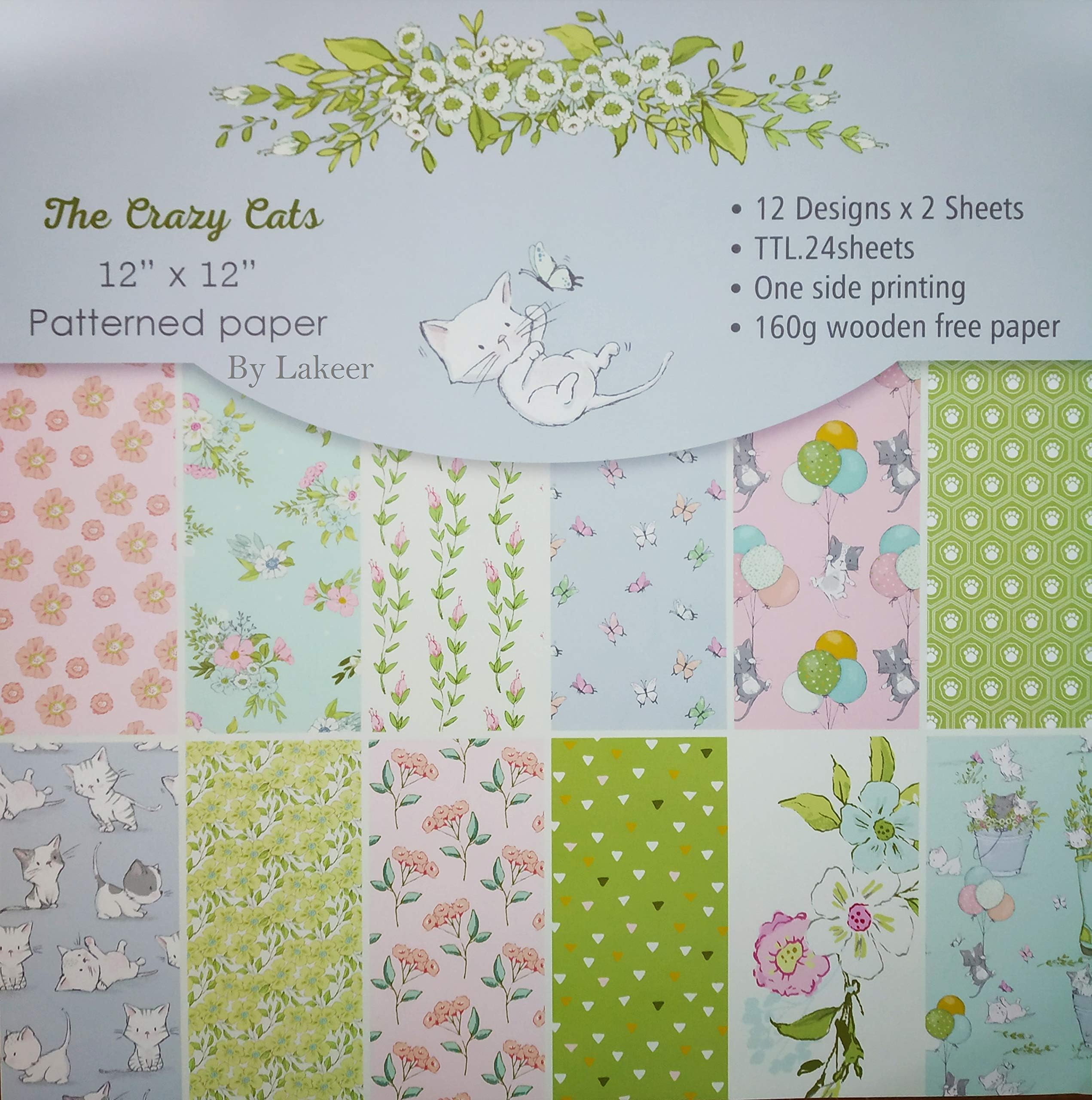 Lakeer Set of 24 Thick Beautiful Pattern Design Printed Papers for Art n Craft, Size: 12 x 12 Inch - 12 Unique Designs (Crazy Cats)